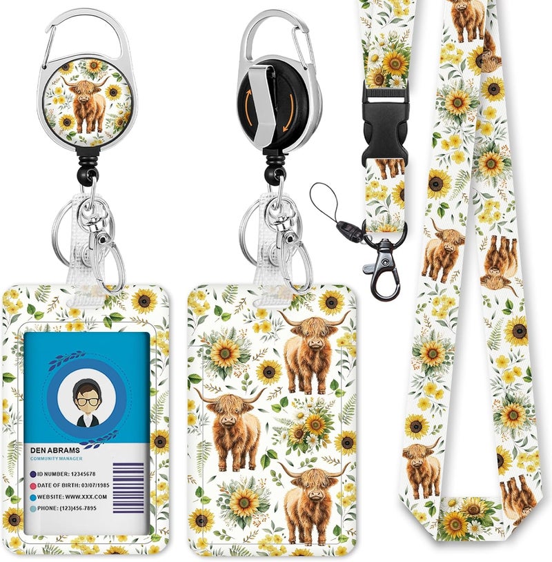 GIANCOMICS Highland Cow Lanyards for Id Badges, Sunflower ID Badge Holder with Retractable Reel, Teacher Lanyard with Keychain Key Clip Carabiner Name Tag Card Holder Protector Office Women Gift - Image 1